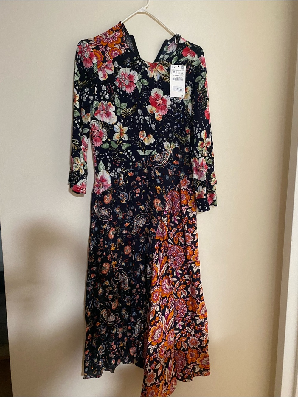 NWT Zara Floral Print Long Sleeve Midi Dress - Black Multi Size M